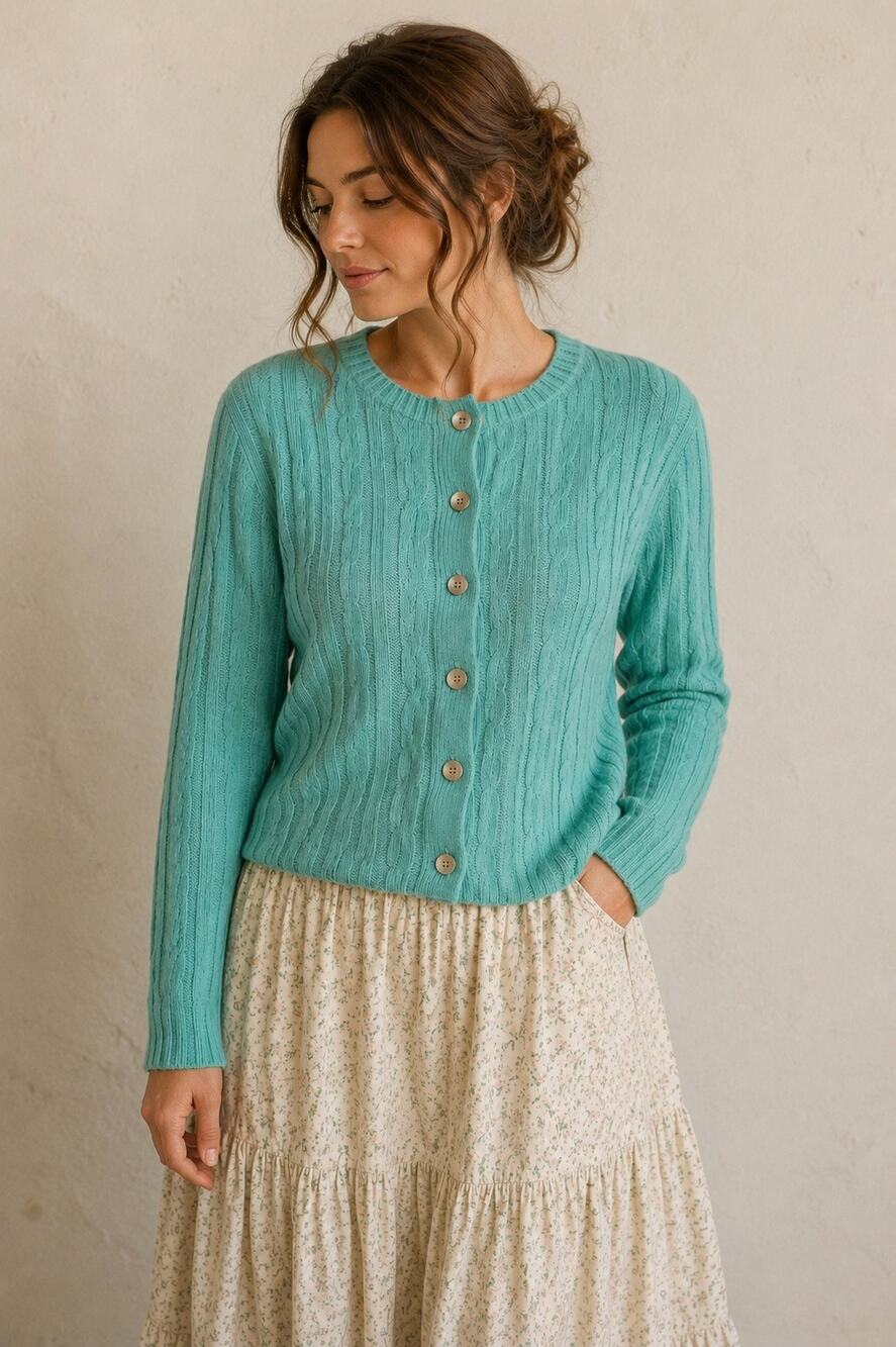 Vintage Lady Perth Cable Knit Cardigan Sweater Aqua Teal Button Front
